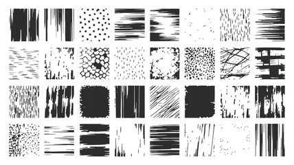 Large set of abstract hand drawn grunge textures and black brush strokes, featuring distressed lines, rough dots, and messy ink patterns for modern graphic design backgrounds.