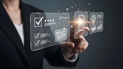 Professional analyzing quality management and business standards on a holographic display