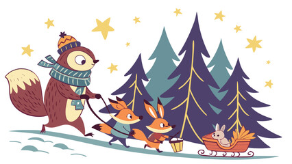 Winter sledding animals isolated on transparent background