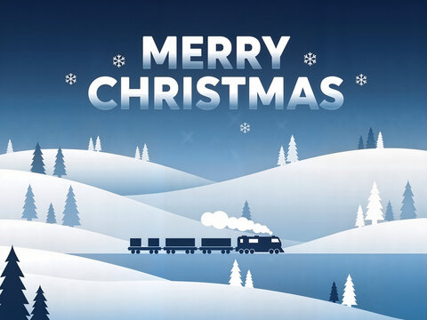 Christmas train traveling through snowy landscape with festive greeting  