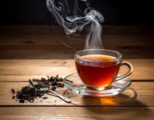 A cup of tea with steam rising on a wooden surface