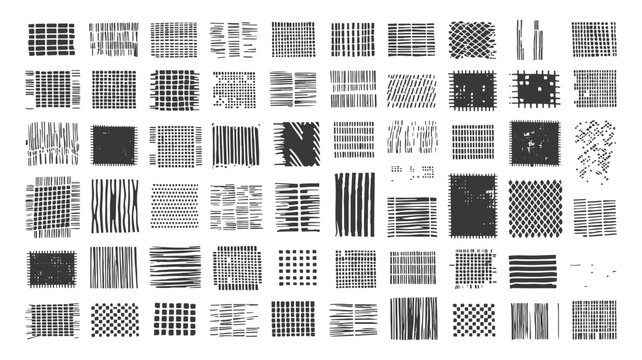 Large collection of abstract woven fabric textures and mesh grid patterns, featuring black and white crosshatch lines and rough textile surfaces for graphic design backgrounds.