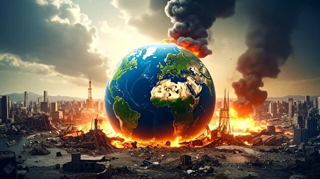 A globe ablaze, surrounded by destruction, fiery chaos and billowing smoke, a city devastated
