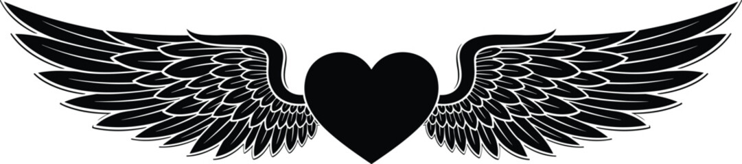 Flying Heart with Angel Wings Vector Illustration, Love and Freedom Romantic Symbol, Detailed Feather Design Graphic, Valentine's Day or Memorial Tattoo Art, Isolated Black Silhouette