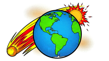 A comet is depicted heading towards Earth, with the sun partially visible behind the planet