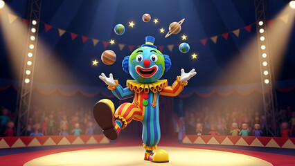 Whimsical Clown Juggling Planets in a Circus Arena, Bringing Cosmic Fun to Spectators