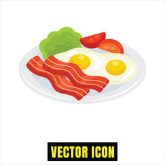 Delicious classic breakfast plate with crispy bacon, sunny-side-up eggs, fresh lettuce, and tomato Vector