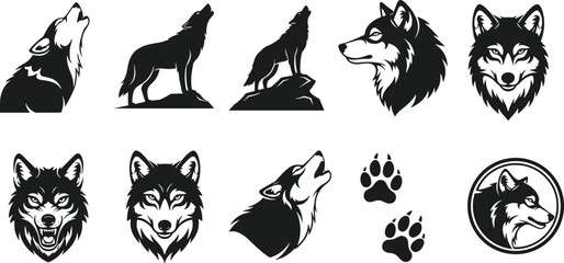 Howling Wolf Silhouette and Aggressive Head Logo Vector Set; Canine, Dog, and Wild Animal Mascots with Paw Prints for Sports Team or Nature Badges.