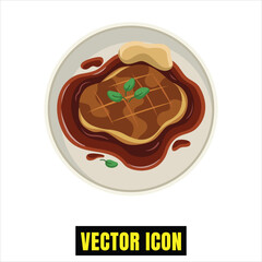 Delicious steak meal with savory sauce and garnish on a round plate vector icon Vector