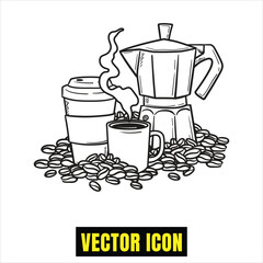 Classic coffee essentials: moka pot, steaming mug, and beans for a perfect brew Vector
