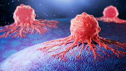 Cancer cells on human tissue. 3D illustration.