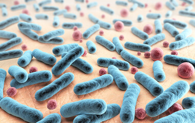 The skin microbiome, which includes bacteria and fungi on human skin 3D illustration.