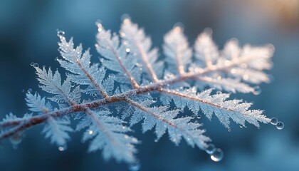 Obraz premium Close up of frost crystals on fern frond. Water droplets cling to icy fern leaves. Delicate white ice patterns form on green foliage. Cold winter nature background.