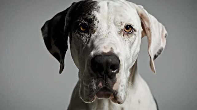 Portrait of a Harlequin Great Dane with Unique Markings and Expression.