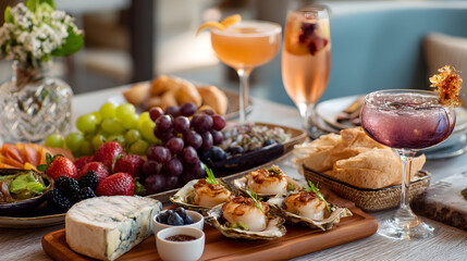 Gastronomic Delights: A gourmet feast is artfully arranged, presenting an array of culinary pleasures from the vibrant cocktails to the fresh produce, cheeses, and expertly prepared delicacies.