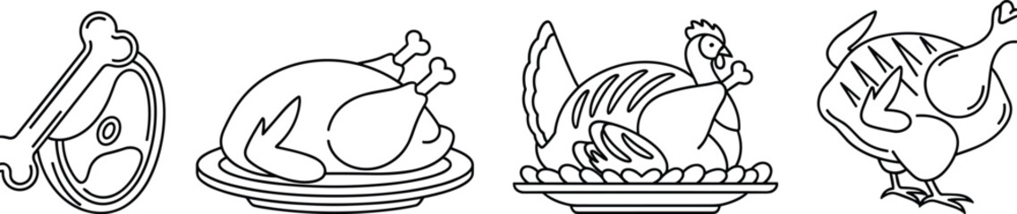 Meat and Poultry Line Art Icons Set: Grilled Chicken, Turkey, and Roast Beef/Lamb Cut Outline Vector Illustration for Menu, Butcher Shop, and Food Design.