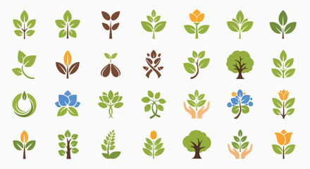 Diverse collection simple flat nature plant tree leaf icons ecology growth environment organic blossom hand