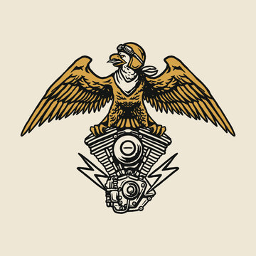 A vintage eagle proudly perched on a detailed V-twin engine block with lightning accents, perfect for garage or motorcycle themes.
