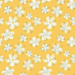 Seamless vector floral pattern with hand drawn daisies and centers on a yellow background. Playful design for textiles, kids products, prints, and summer or spring themes