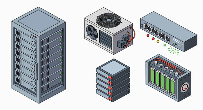 Isometric datacenter network infrastructure server components isolated white background server rack switch cooling UPS storage hardware technology