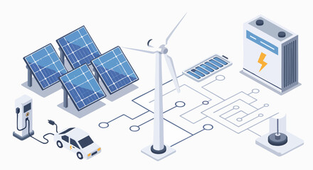 Isometric clean energy ecosystem with solar panels wind turbine electric car smartgrid power battery EV sustainability