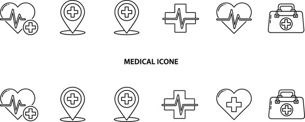 Minimalist Medical Line Icons Set; Healthcare, Heartbeat, Location Pin, and First Aid Kit Symbols; Emergency Health Care; Outline Vector Collection.
