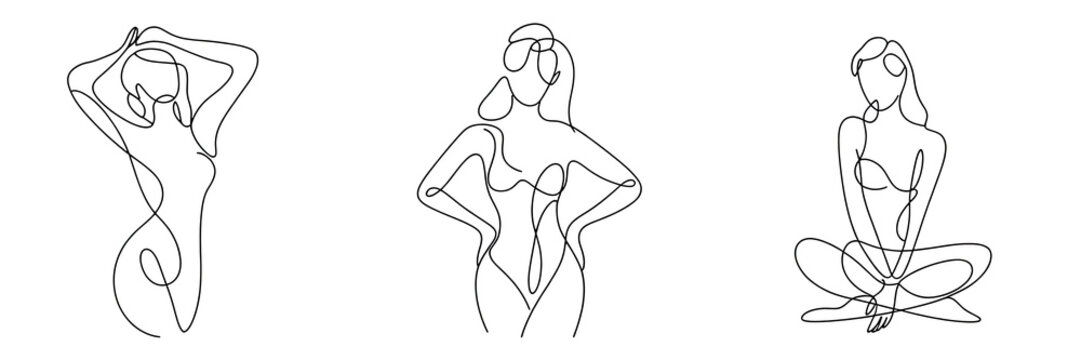 One Line Drawing Set of 3 Young Lady  One Line Art Drawing Poster Prints . Transparent background PNG image