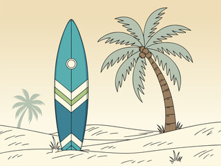 A stylized illustration of a surfboard standing upright on a sandy beach next to a palm tree. © Purnomo