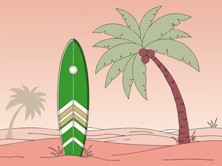 A green surfboard stands upright on a sandy beach next to a leaning palm tree with coconuts. © Purnomo