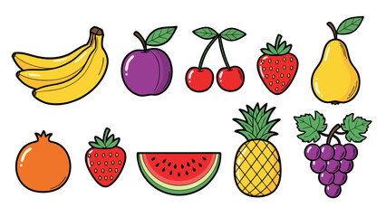 A vibrant collection of fresh, colorful fruits including bananas, plums, cherries, strawberries, pears, pomegranates, watermelon, pineapple, and grapes.