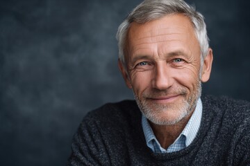 Obraz premium Portrait of a smiling senior man in a sweater against a grey background, showcasing a warm and approachable demeanor