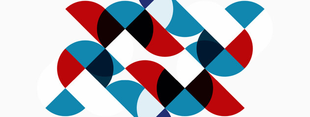 Fototapeta premium Abstract geometric pattern. Overlapping circles create dynamic composition. Red, blue, gray hues dominate white background. Modern design element.