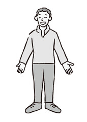深呼吸をするシニア男性_白黒イラスト