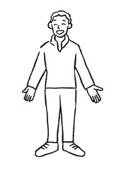 深呼吸をするシニア男性_線画イラスト