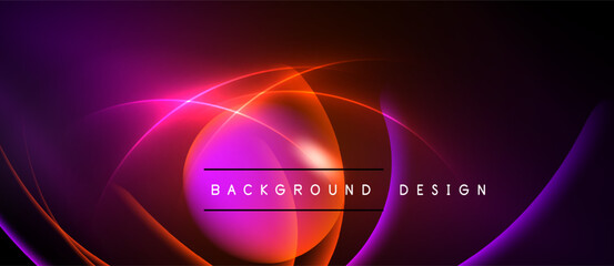 Abstract vibrant design features flowing curves, bright colors. Text reads background design centered within glowing shapes. Dramatic lighting creates depth.