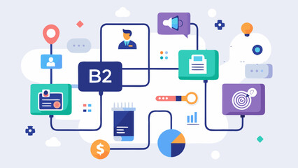 Flat design concept of B2B marketing strategy with digital elements, data analytics, communication tools and technology icons