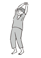 ストレッチをするシニア女性＿白黒イラスト