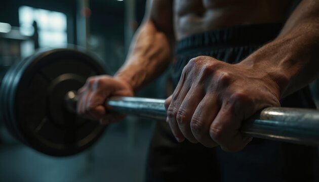 Muscular man grips barbell intensely in gym. Focused athlete sweats during heavy weightlifting set. Serious man exercises in fitness club for strength. - Powered by Adobe