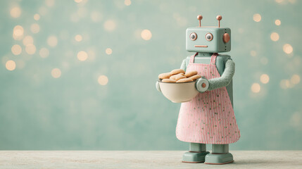 Adorable robot wearing an apron and holding a bowl of freshly baked Christmas cookies. Sweet holiday treat concept perfect for festive advertisement.