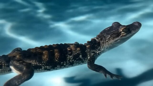 Alligator swimming in clear water wildlife underwater close up