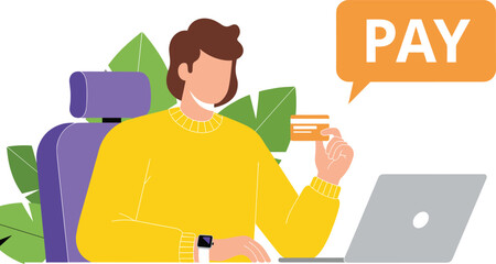 Payment, illustration, with, credit, card, laptop, person, desk, online, transaction, e-commerce, finance, vector, content, digital, shopping, technology, secure, purchase, financial, modern, convenie