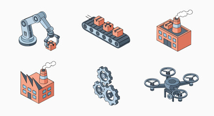 Isometric industrial technology automation concept icons production process factory robotics drone gears conveyor shipping logistics