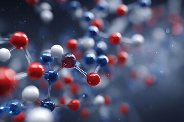 Vibrant representation of molecular structure with red, blue, and white spheres showcasing the complexity of chemical bonds