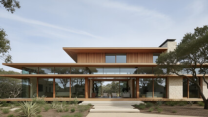 Fototapeta premium Contemporary Luxury Home with Glass Walls and Wood Architecture