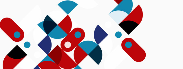 Abstract geometric shapes, red, blue, white. Minimalist design, overlapping forms, clean aesthetic. Modern composition, simple elements.