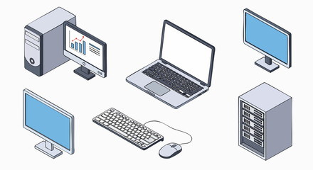 Isometric computer hardware devices electronics collection vector illustration laptop desktop monitor keyboard mouse server IT digital