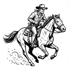 Fototapeta premium Cowboy rides horse across open land while holding reins