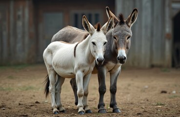 Two donkeys stand together on dirt ground near a barn like structure. One donkey is white with brown stripes on its back. The other donkey is grey. Both have long ears and face the camera.