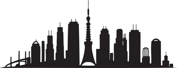 Tokyo inspired city skyline featuring tokyo tower and diverse building silhouettes