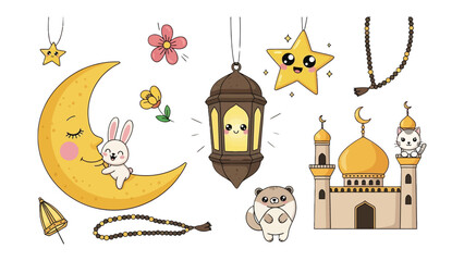 Celebratory Muslim Icons:A vibrant collection of Islamic symbols and cheerful character for religious holiday, a scene of cultural elements, perfect for celebrating joy and blessings. 